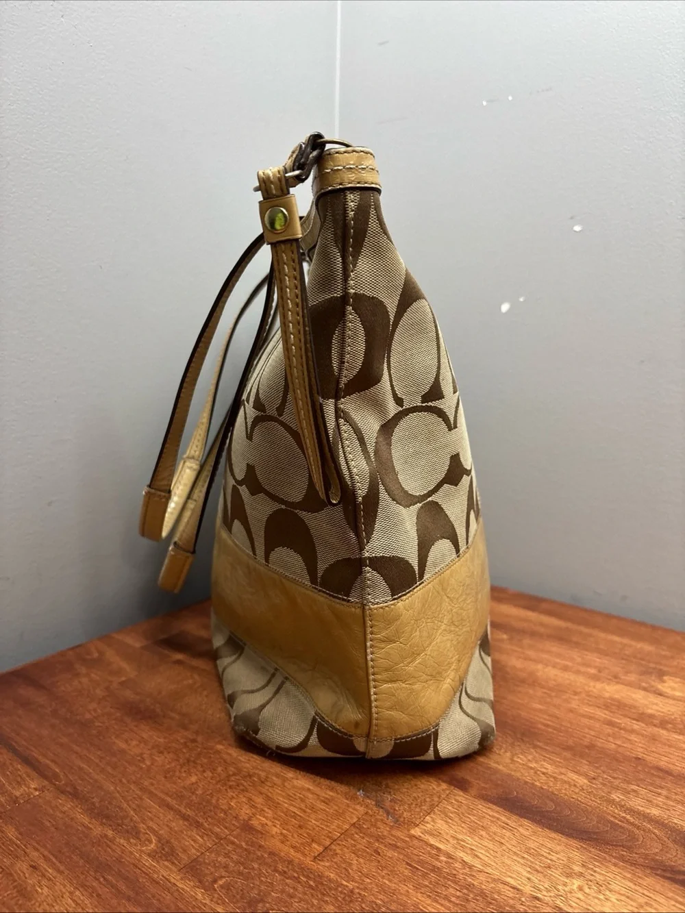 Coach Khaki Signature Canvas Tote with Gold Trim